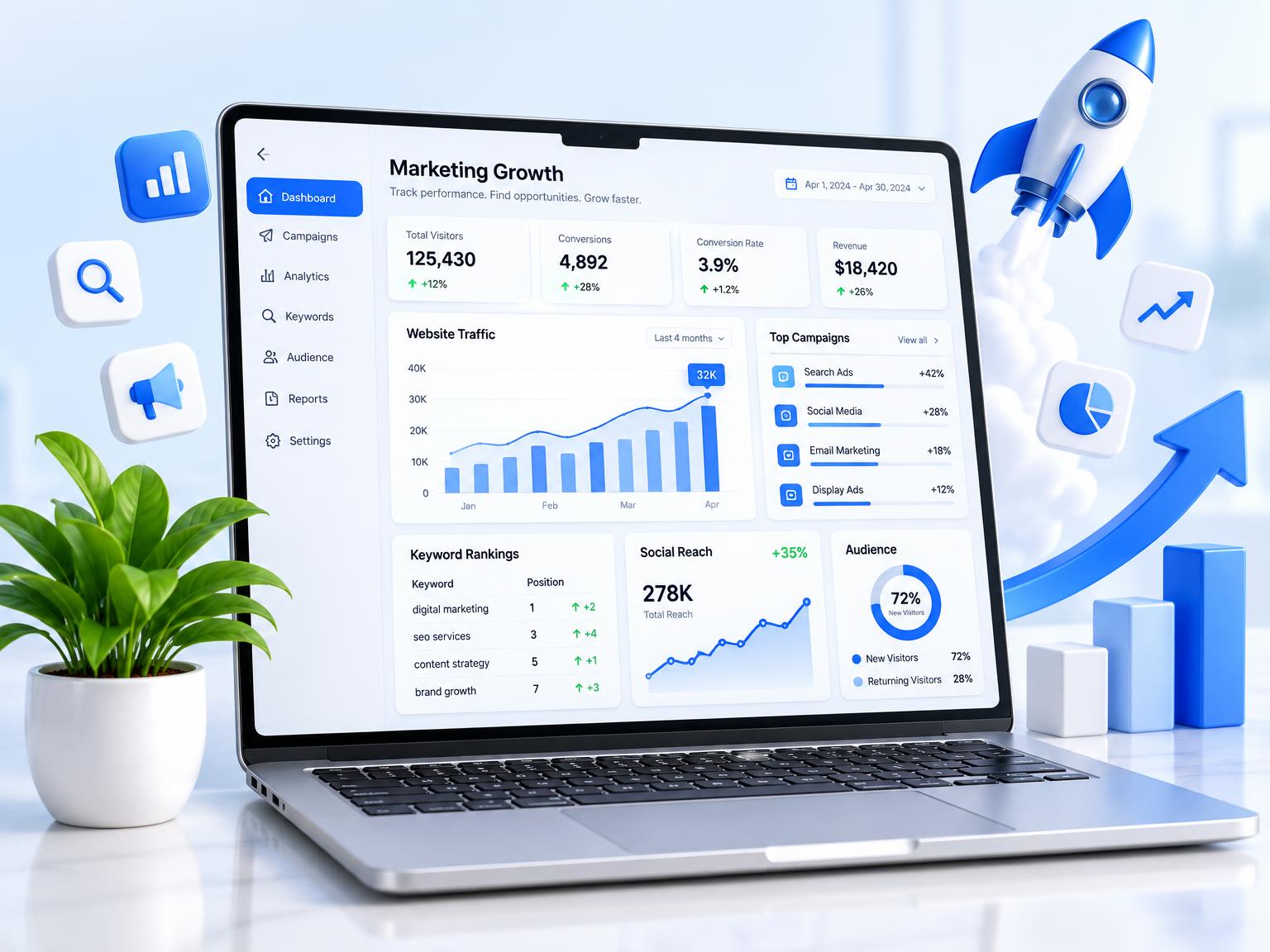 Marketing growth dashboard showing traffic, conversion and campaign performance